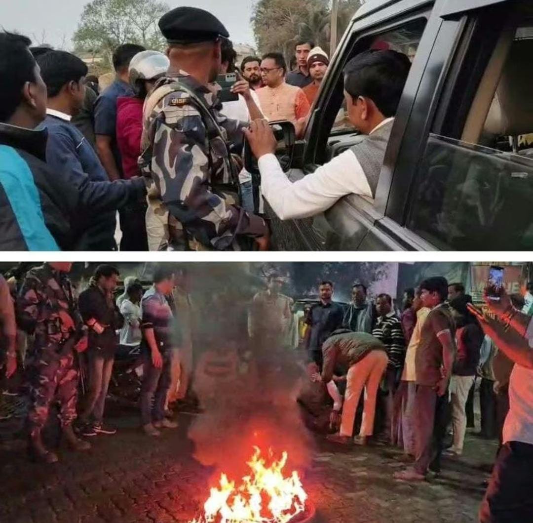 বিজেপি বিধায়কের গাড়িতে হামলার অভিযোগ তৃণমূলের বিরুদ্ধে , টায়ার জ্বালিয়ে বিক্ষোভ বিরোধী দলের