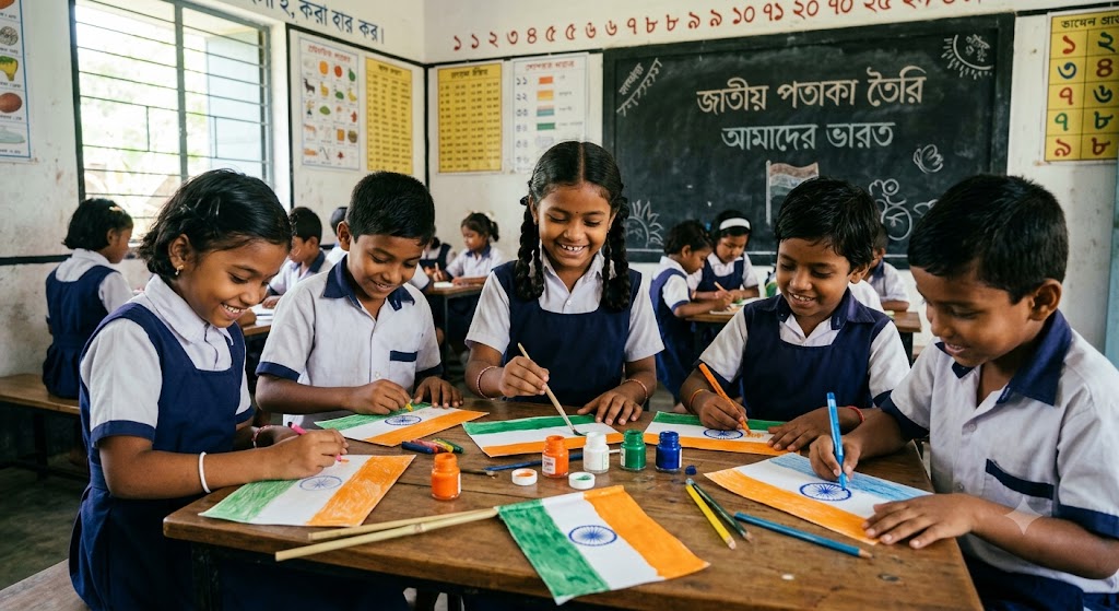 খুদেদের হাতে তৈরি তিরঙ্গা ! স্বাধীনতার পাঠ শিখল খড়গপুরের পড়ুয়ারা