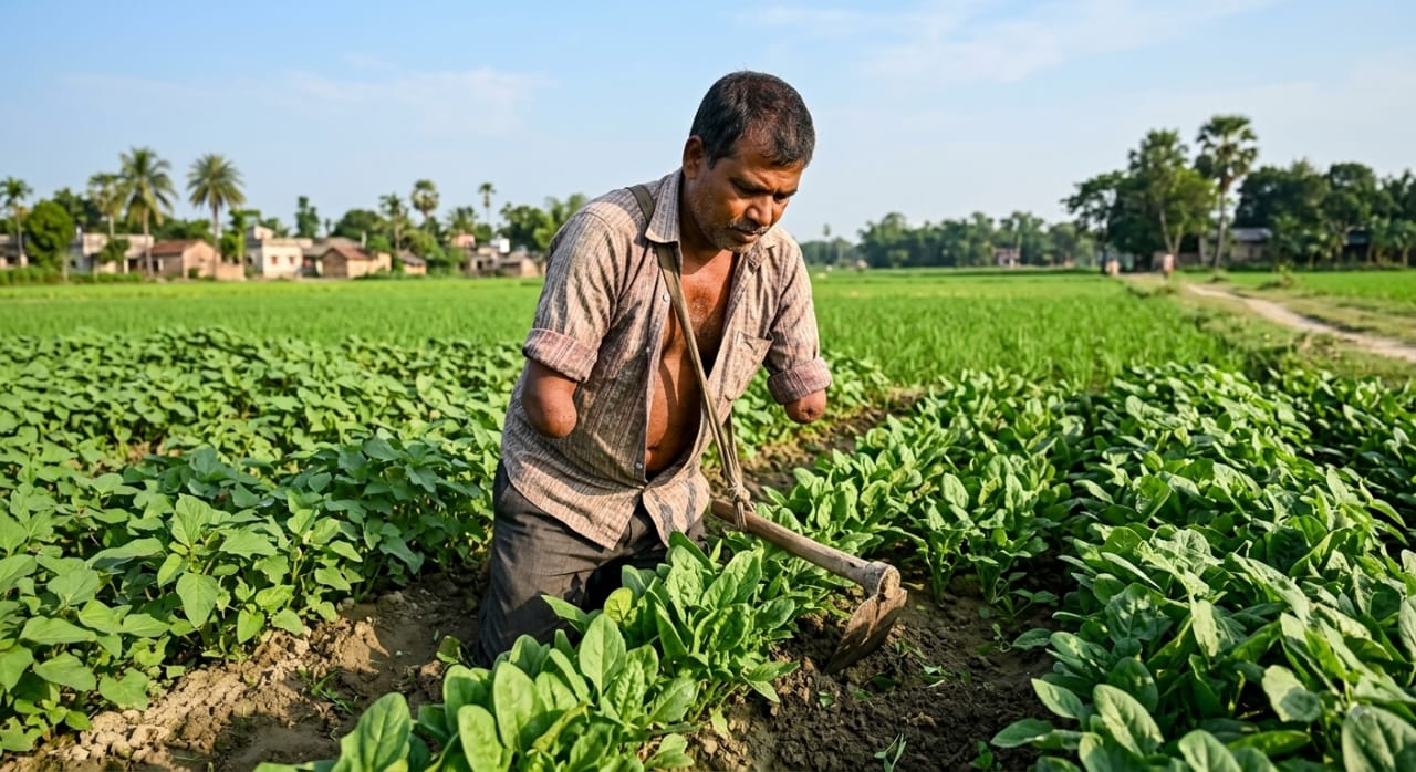 দুই হাত নেই, তবুও হার মানেননি! ভিক্ষা নয়, কৃষিকাজ করেই স্বাবলম্বী ব্যক্তি
