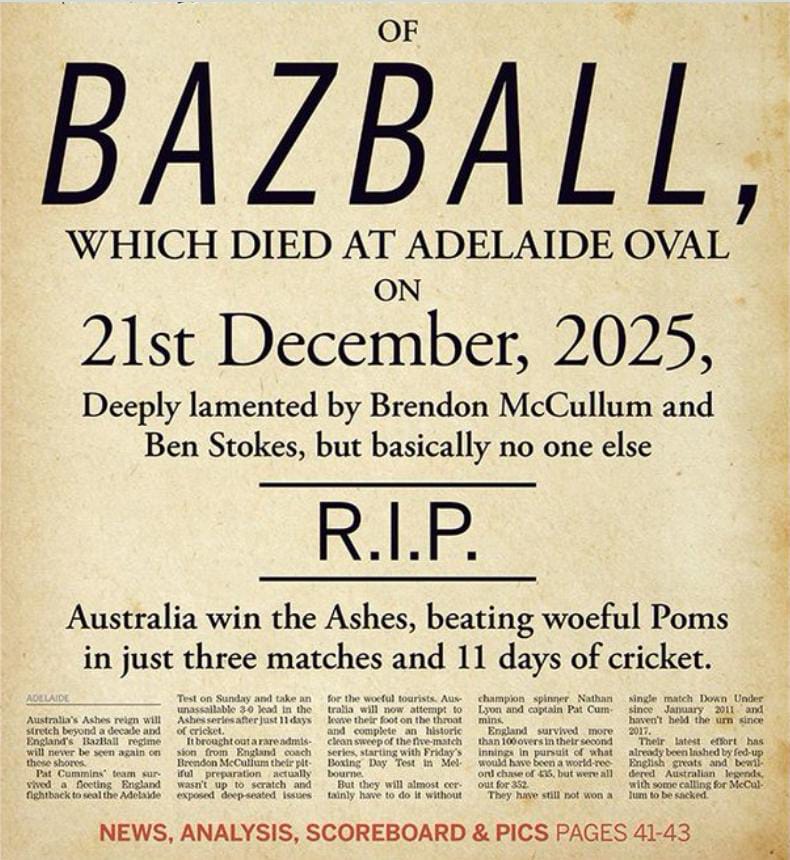 'অ্যাডিলেডে প্রয়াত হয়েছে ইংল্যান্ডের বাজবল' , সিরিজ জিতে ইংল্যান্ডকে কটাক্ষ ক্যাঙ্গারু বাহিনীর