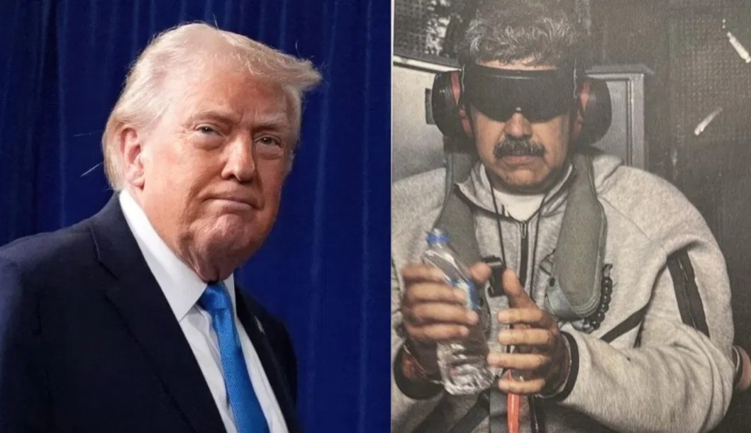 চোখে চশমা-হাত বাঁধা-কানে শব্দনিরোধক আবরণ মাদুরোর, ছবি প্রকাশ ট্রাম্পের